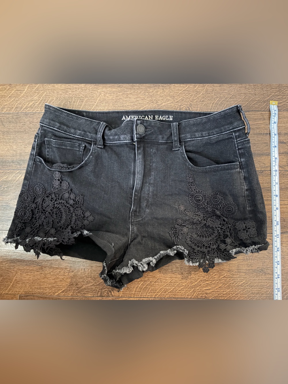 American Eagle Outfitters Black Denim Lace-Trim Cutoff Shorts